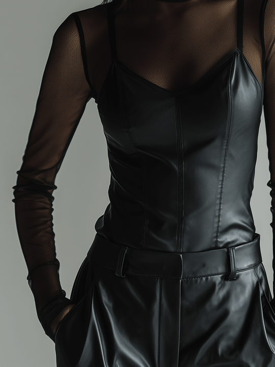 Fashion Black Sheer Mesh Layered Faux Leather Top