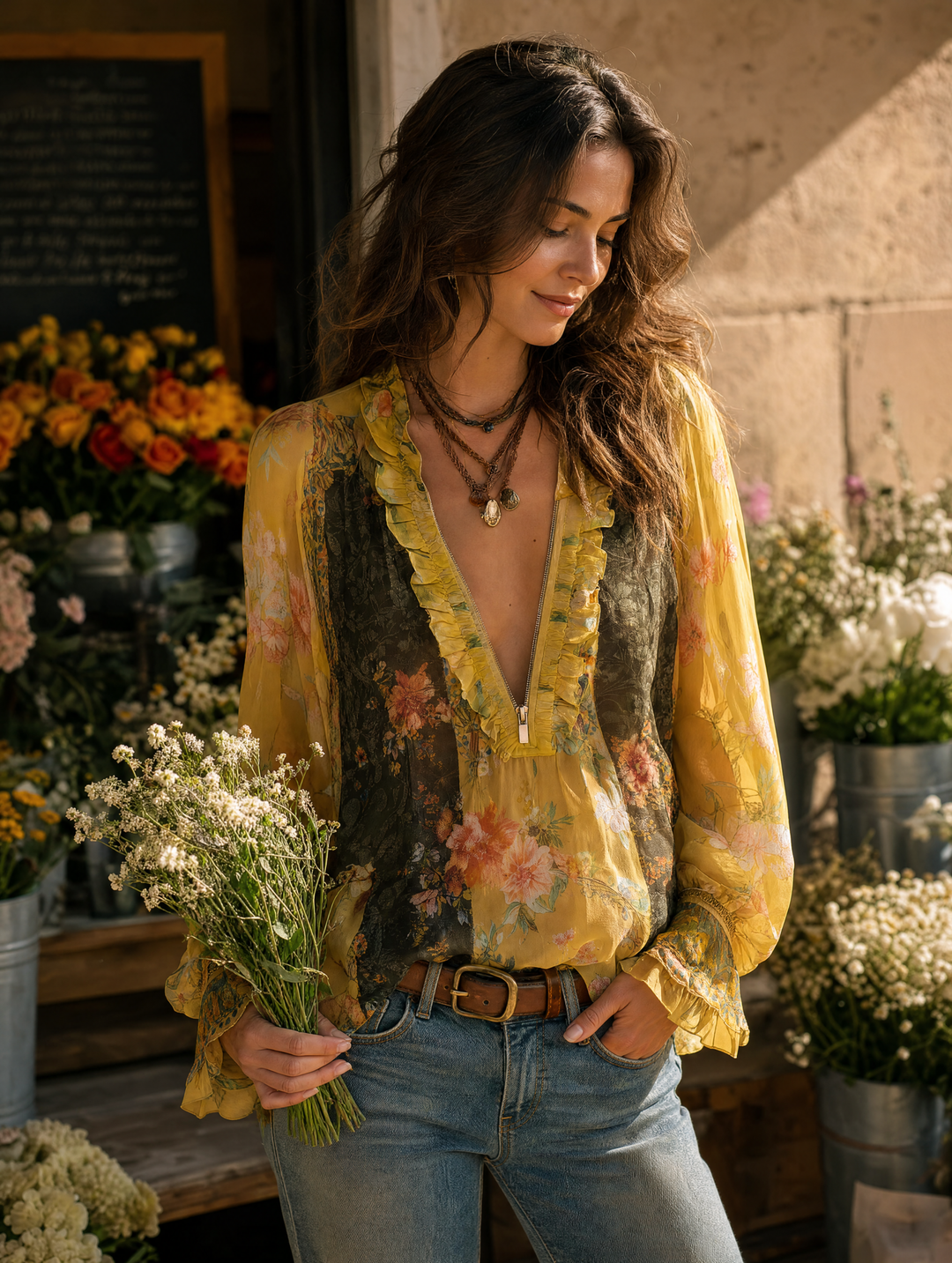 Zip-Front Ruffled Floral Chiffon Blouse