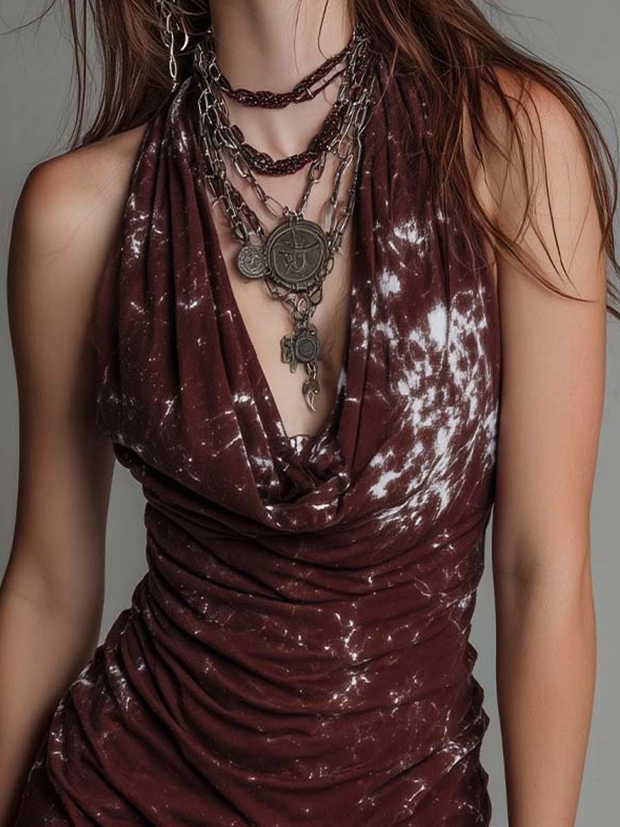 Boho Tie-Dye Print Ruched Halter Dress