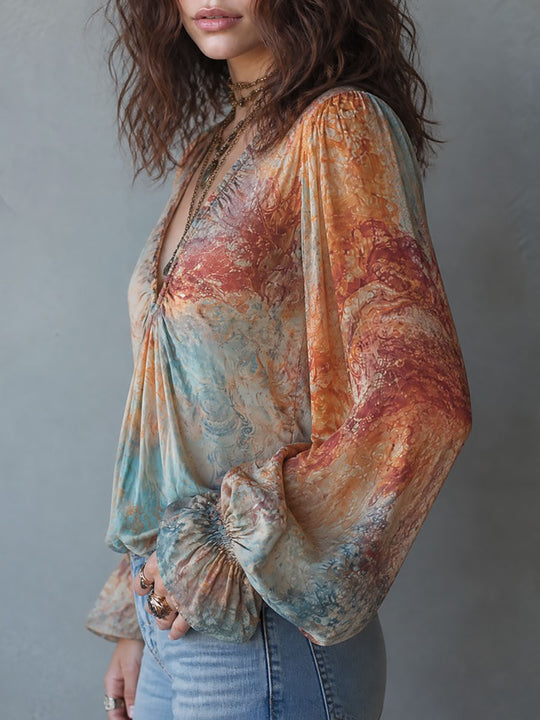 Boho Deep V-Neck Tie-Dye Print Blouse With Balloon Sleeves