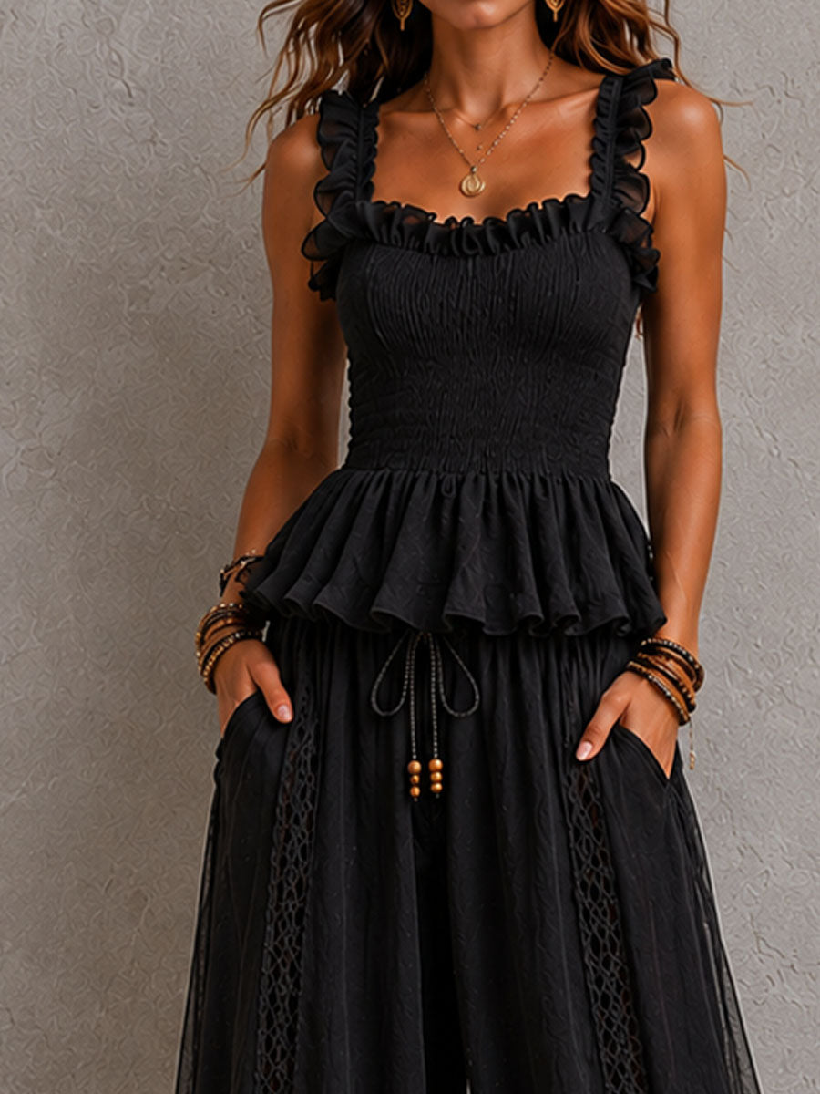 Boho Chic Black Smocked Peplum Two-Piece Set