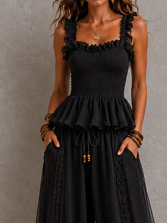 Boho Chic Black Smocked Peplum Two-Piece Set