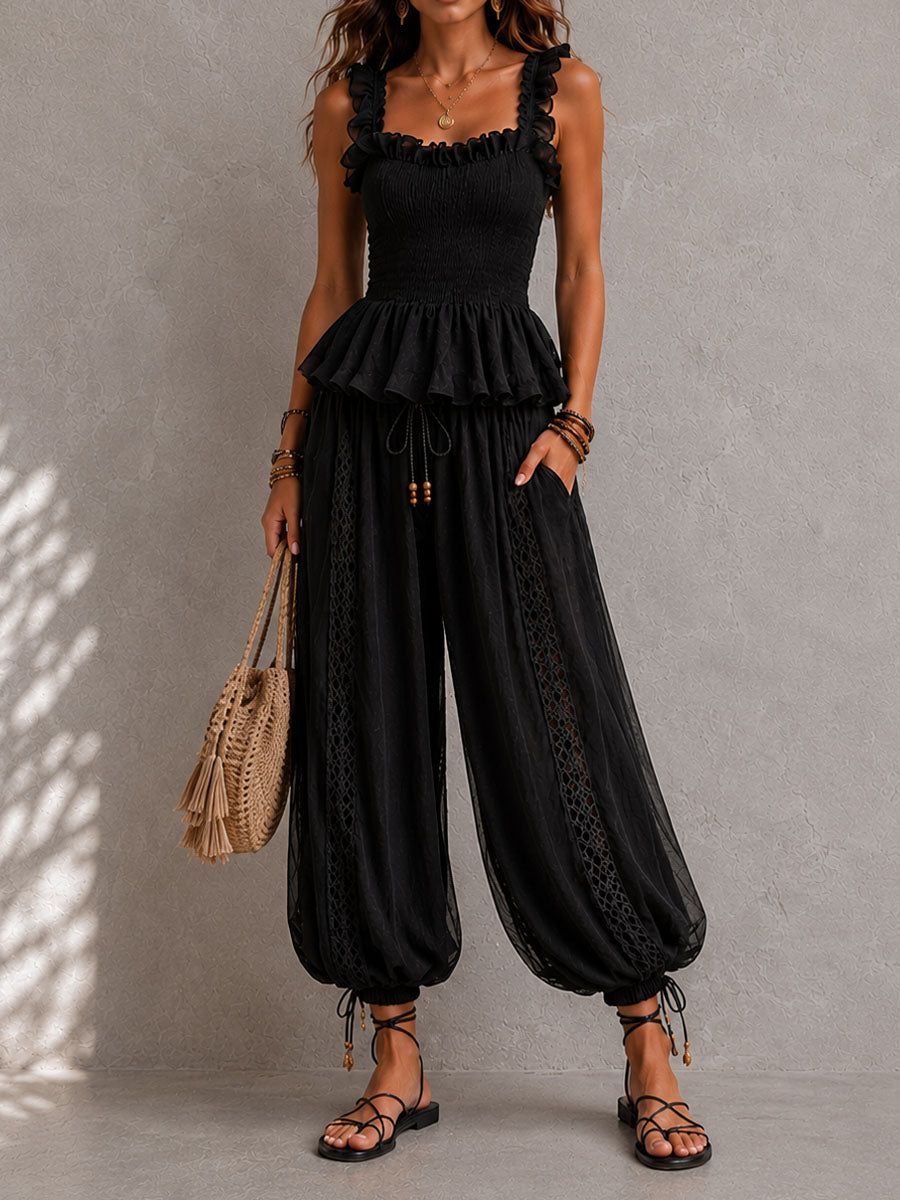 Boho Chic Black Smocked Peplum Two-Piece Set
