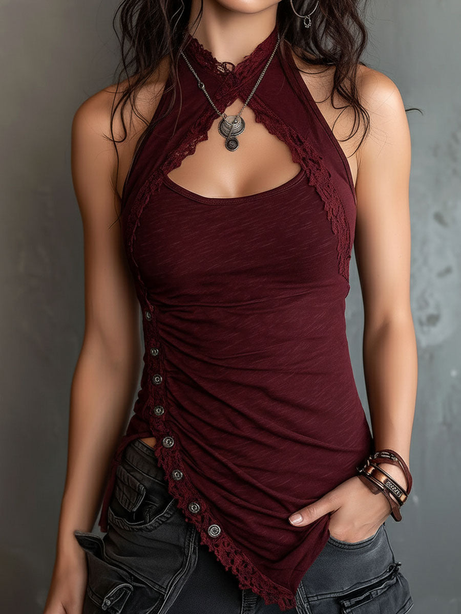 Asymmetric Button Burgundy Lace Halter Tank Top