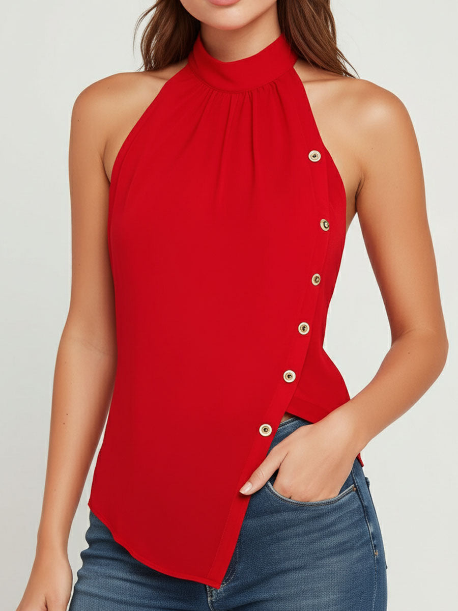 Chic Red Halter Neck Asymmetrical Sleeveless Top