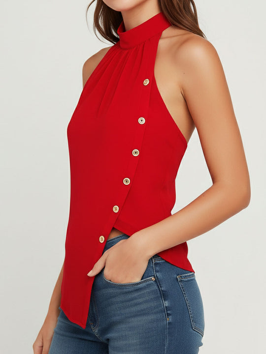 Chic Red Halter Neck Asymmetrical Sleeveless Top