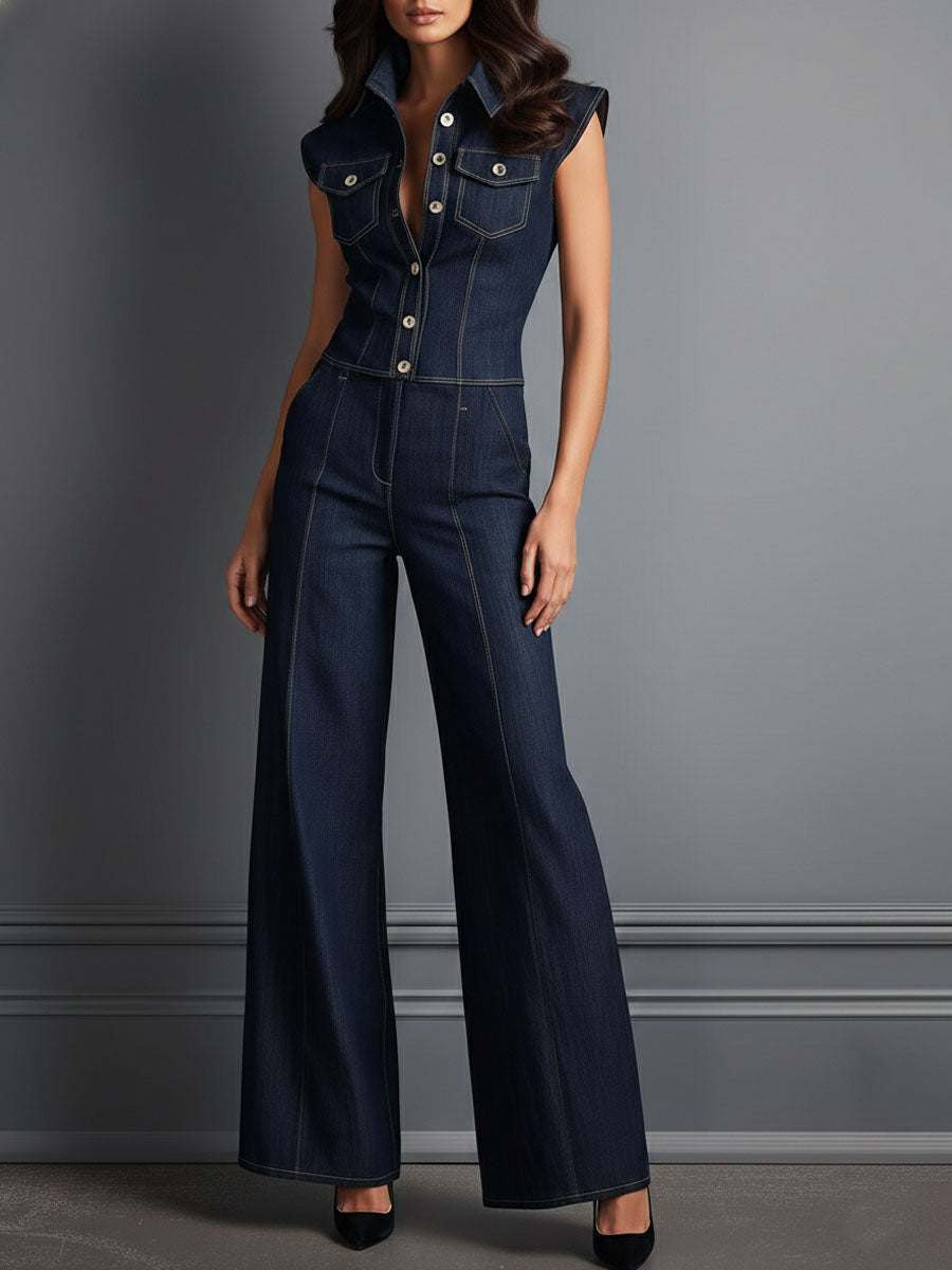 Retro Dark Indigo Denim Sleeve Shirt & Wide Leg Pants Set