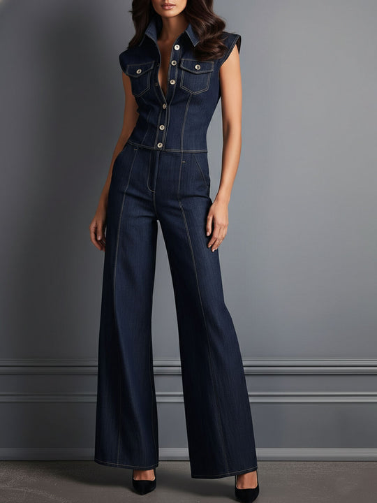 Retro Dark Indigo Denim Sleeve Shirt & Wide Leg Pants Set