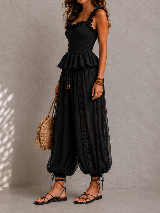 Boho Chic Black Smocked Peplum Two-Piece Set