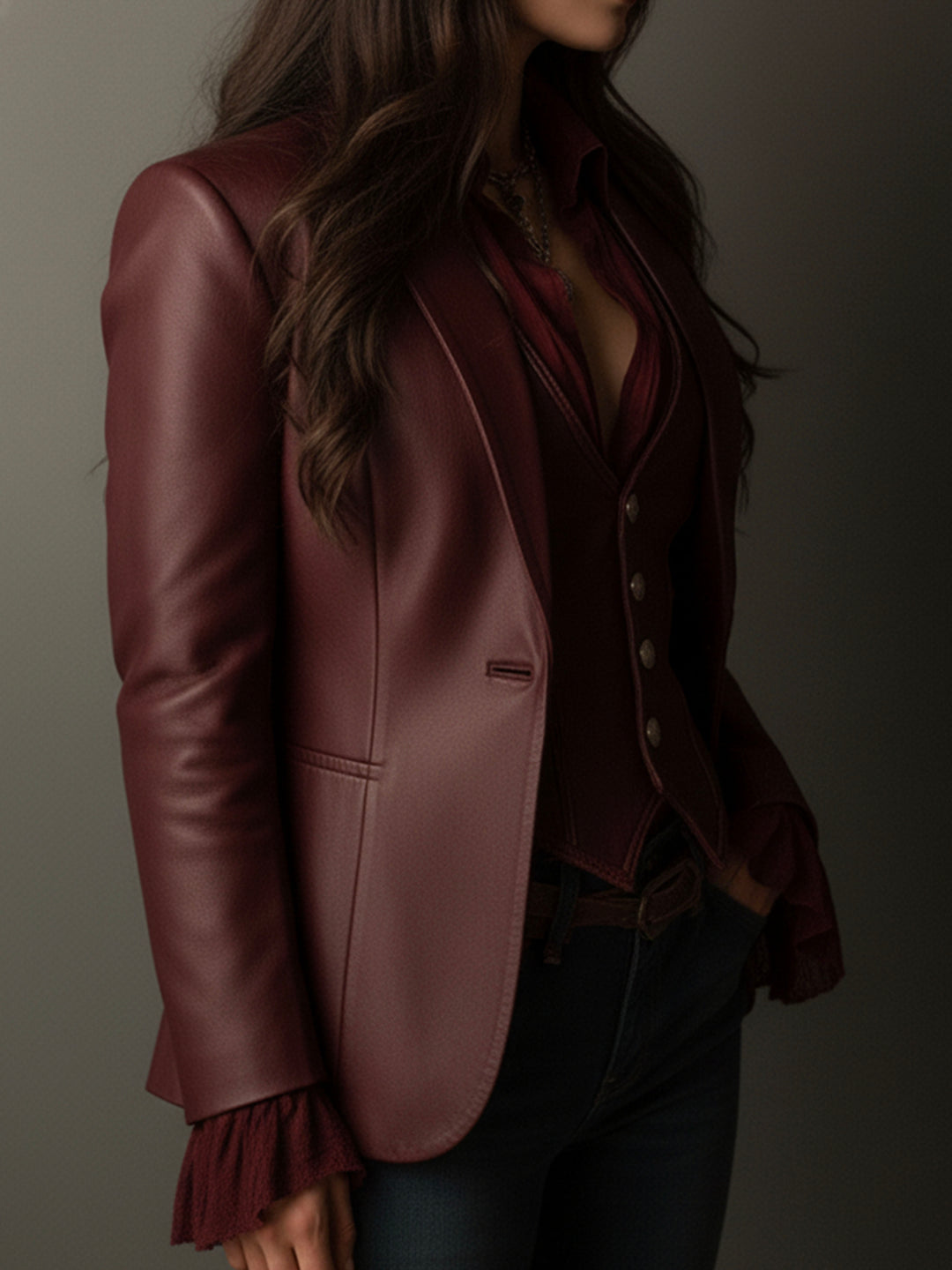 Vintage Burgundy Eco Leather Blazer