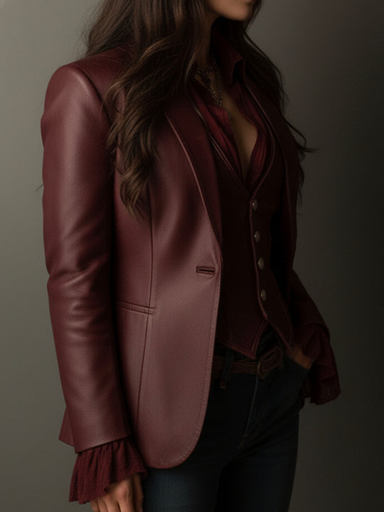 Vintage Burgundy Eco Leather Blazer