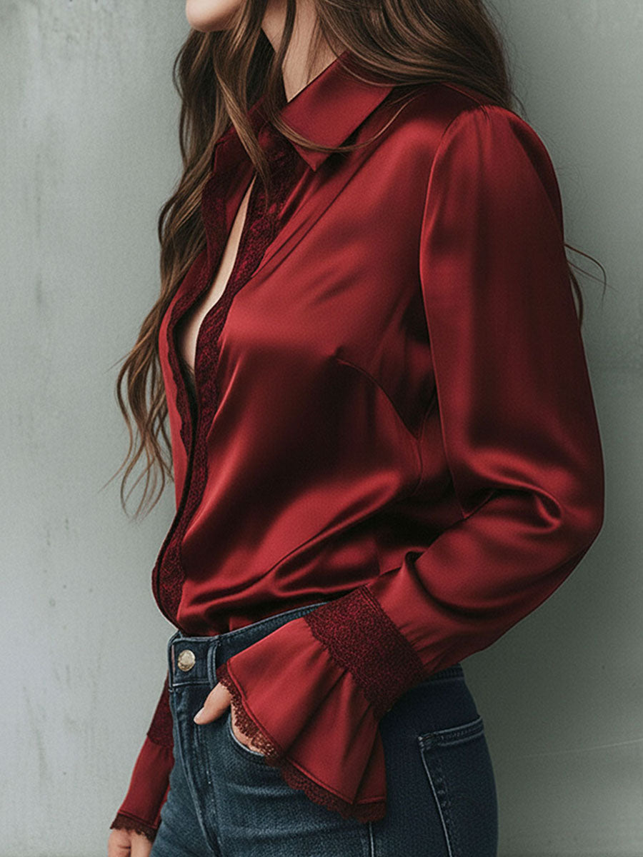 Elegant Burgundy Lace Trim Satin Blouse With Flared Cuffs