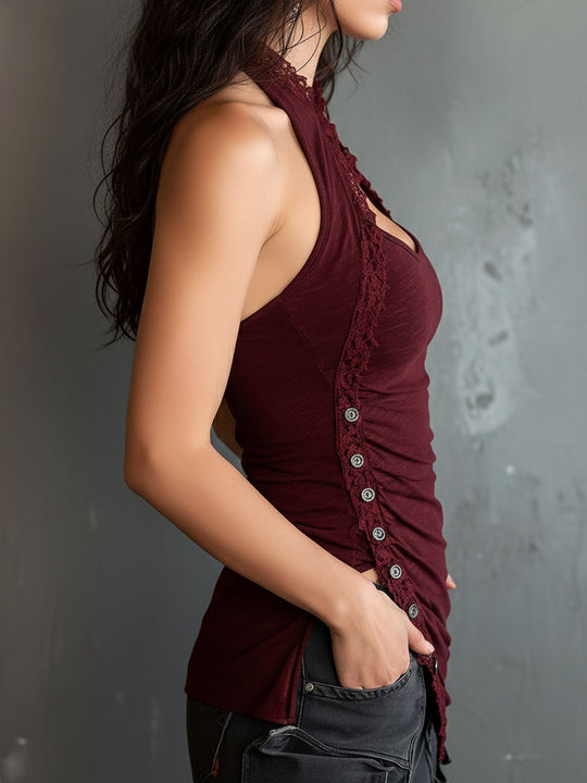 Asymmetric Button Burgundy Lace Halter Tank Top