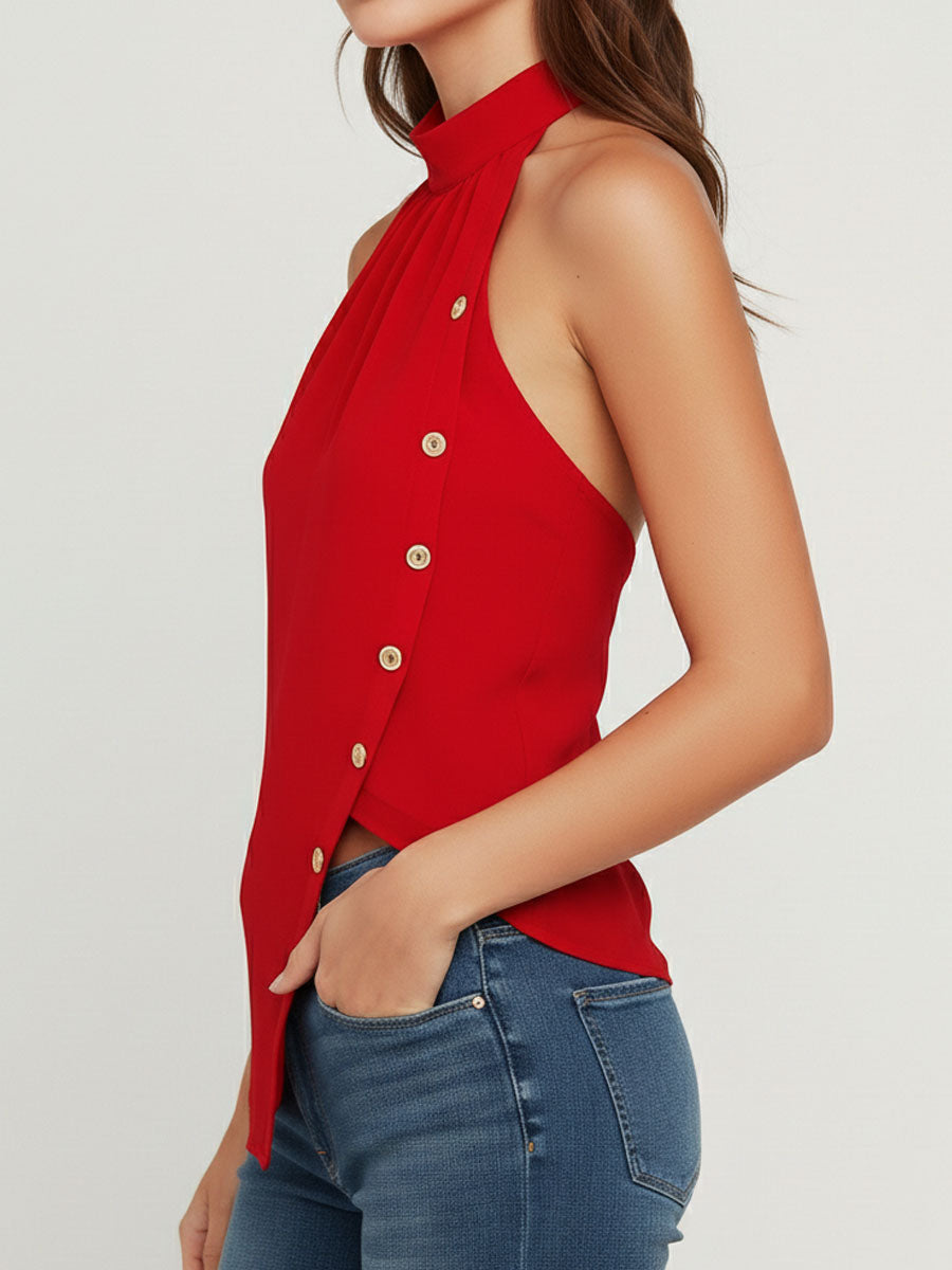 Chic Red Halter Neck Asymmetrical Sleeveless Top