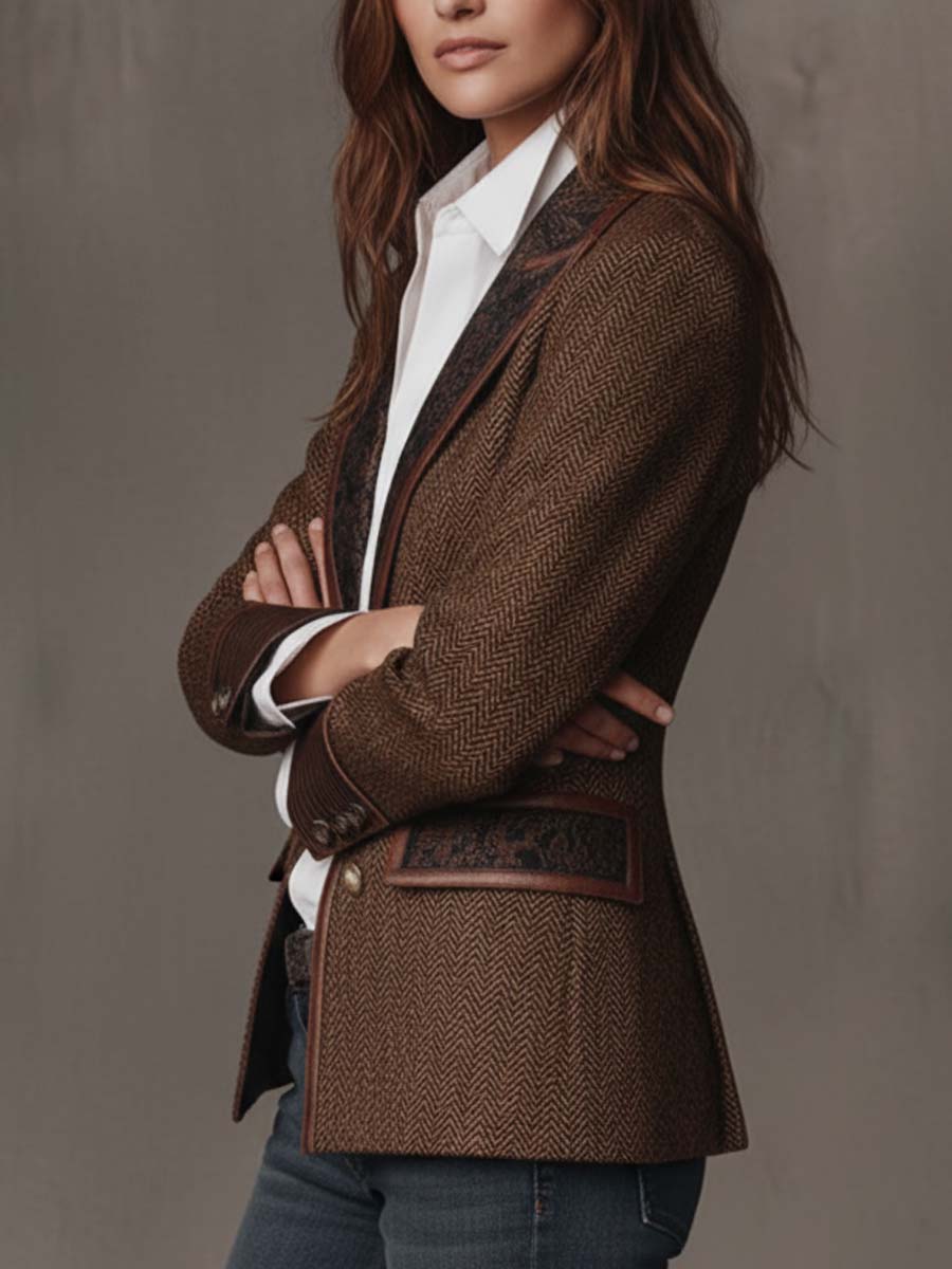 Herringbone Tweed Blazer With Printed Panels