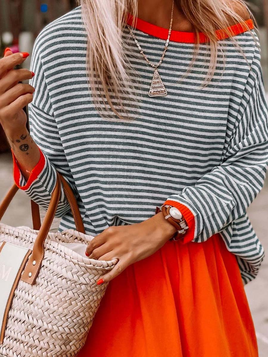 Striped Contrast Long-Sleeved Knitted Sweater