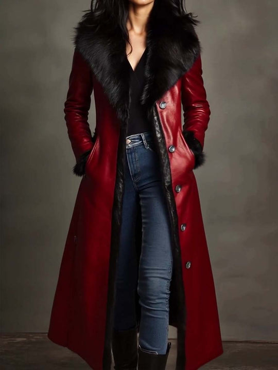 Women's Retro Fur Collar Contrasting Colors Leather Long Coat