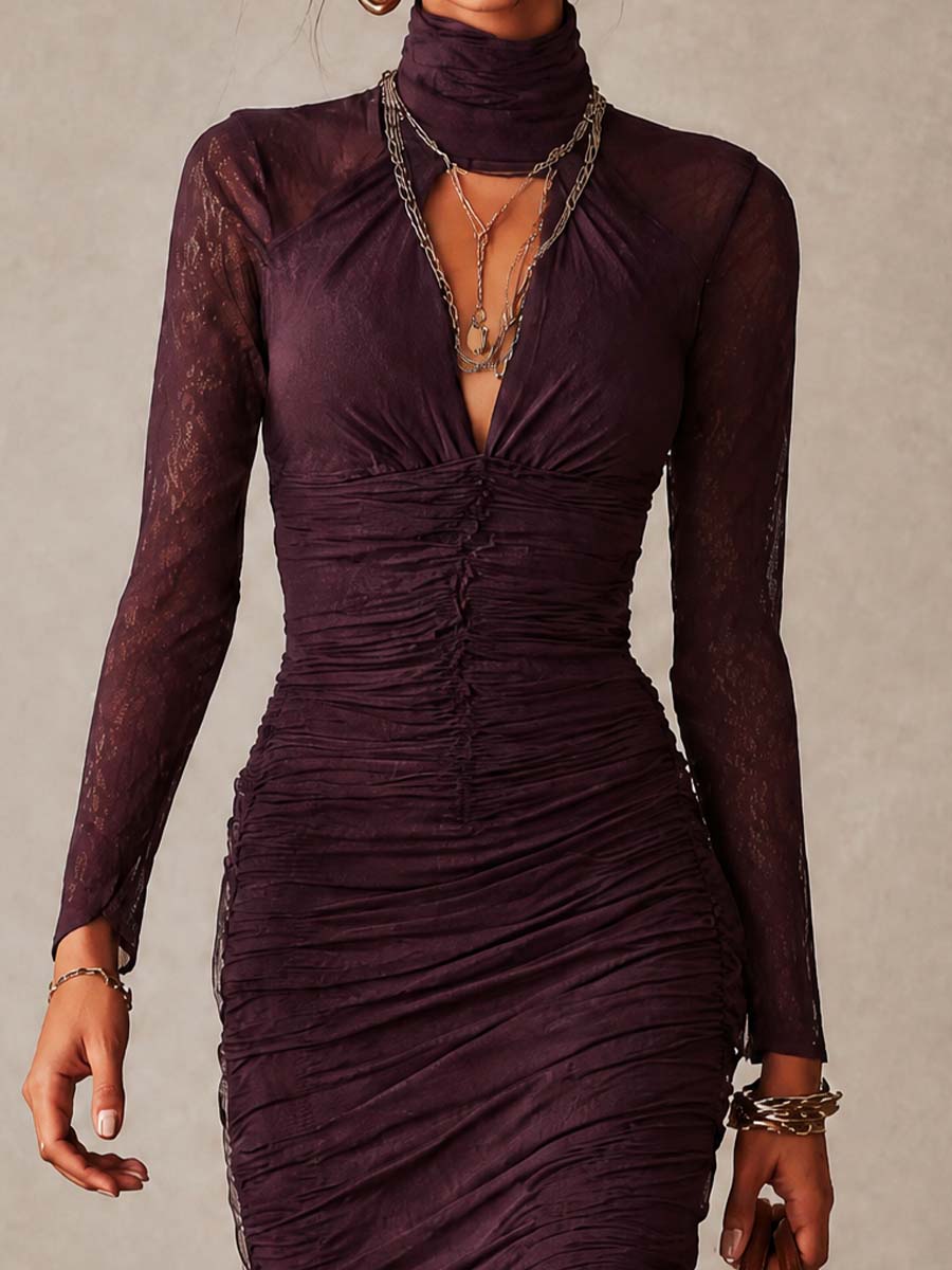 Vintage Ruched Lace Long Sleeve Mock Neck Bodycon Midi Dress with Cutout Front