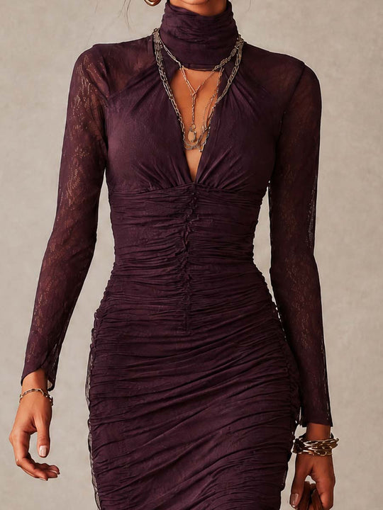 Vintage Ruched Lace Long Sleeve Mock Neck Bodycon Midi Dress with Cutout Front