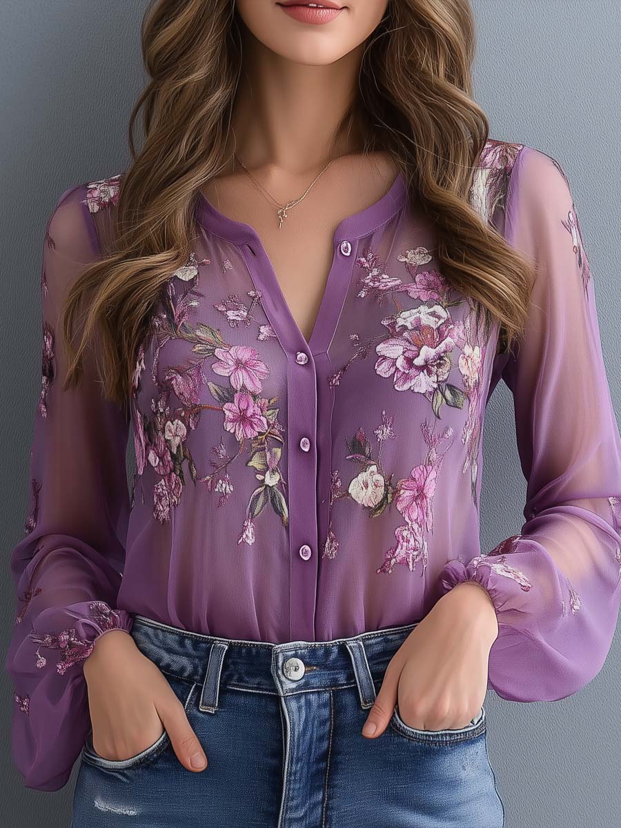 Printed Sheer Sleeves Chiffon Boho Blouse