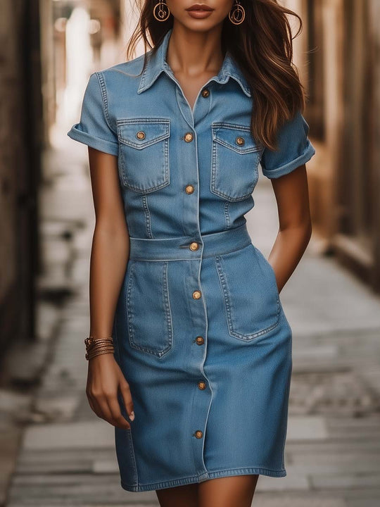 Vintage Button-Front Denim Shirt Dress