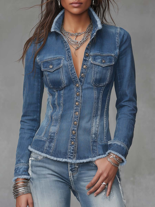 Classic Retro Fitted Frayed-Edge Denim Shirt Jacket with Button Front