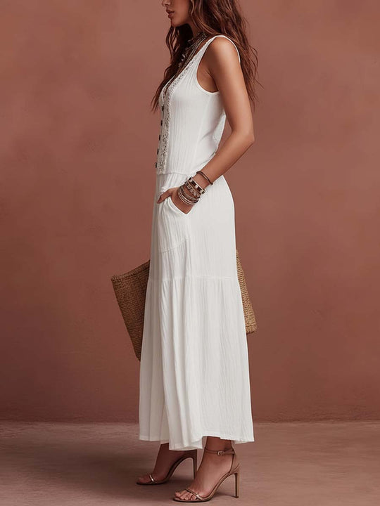 Retro Lace-Placket Crinkled Cotton-Linen Jumpsuit