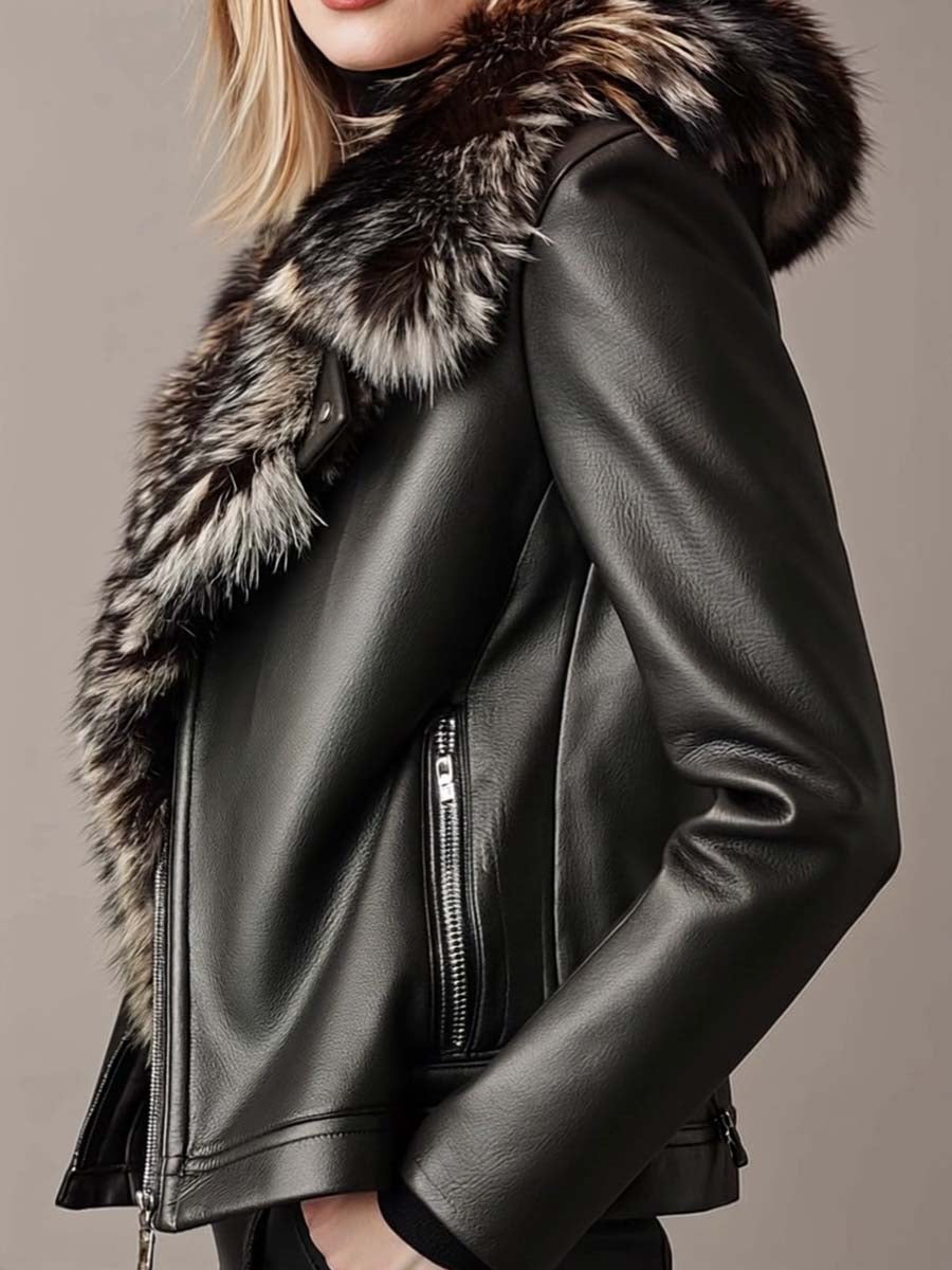 Women's Vintage Fur Collar And Lined Zipper Leather Jacket