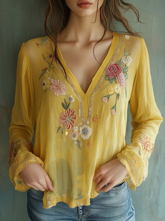 Chiffon Flower Embroidery Long Sleeve Blouse