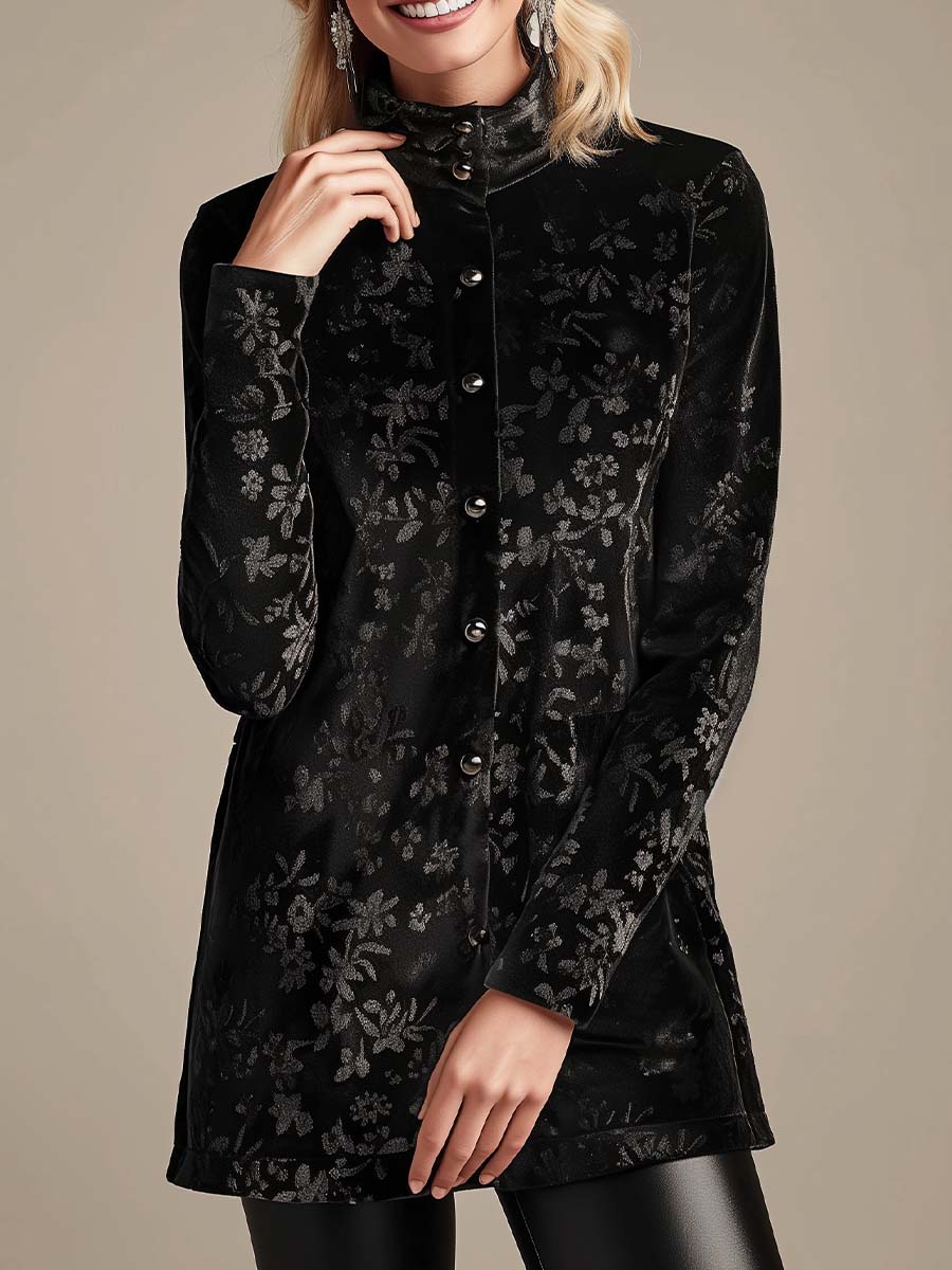 Retro Turtleneck Pearl Long Sleeves Velvet Blouse