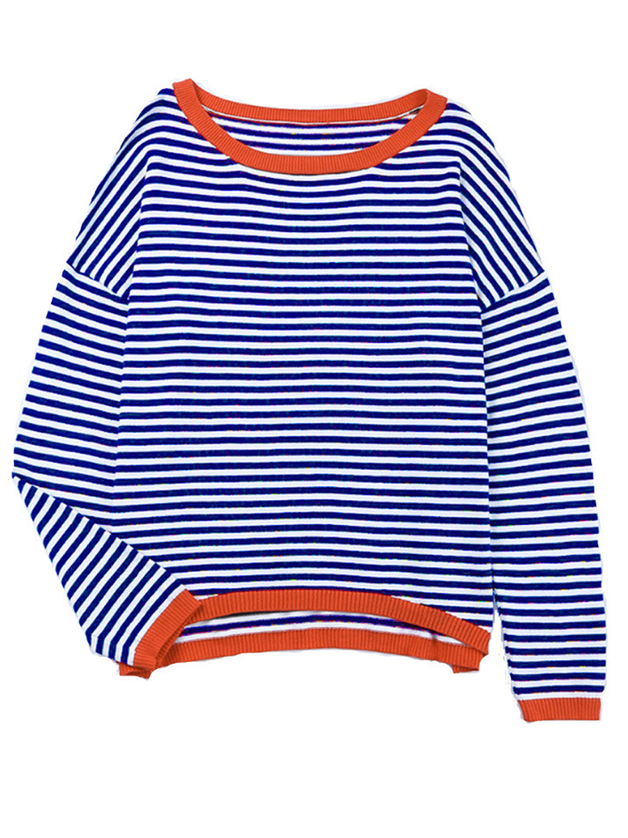 Striped Contrast Long-Sleeved Knitted Sweater