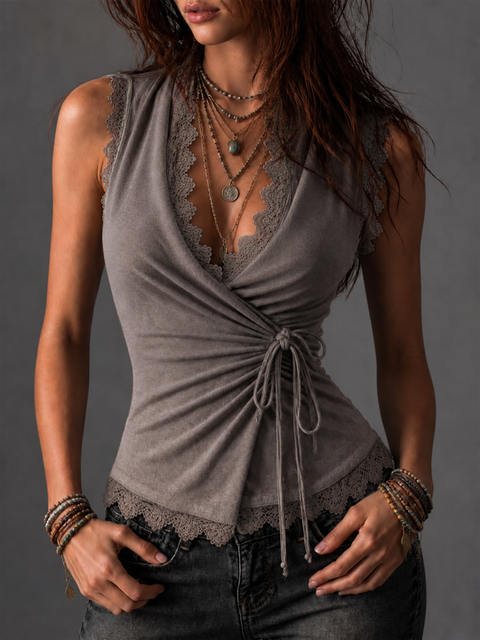 Taupe Cotton-Linen Blend Wrap-Front Lace-Trimmed Sleeveless Top