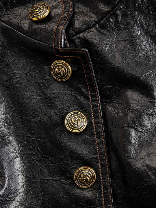 Retro Stand Collar Metal Button Pu Jacket