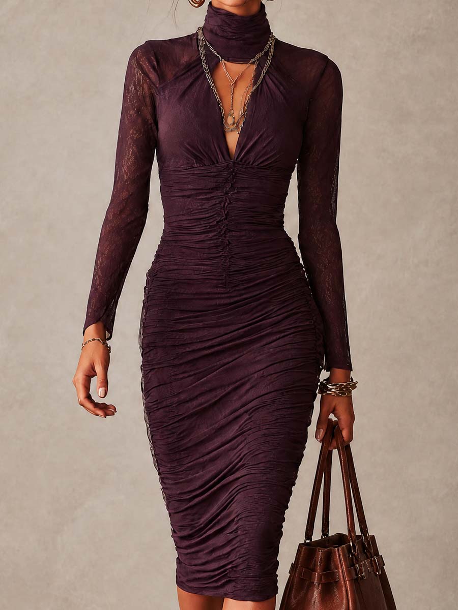 Vintage Ruched Lace Long Sleeve Mock Neck Bodycon Midi Dress with Cutout Front