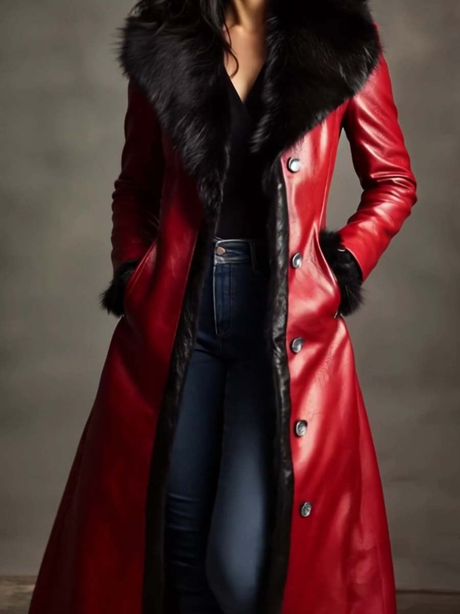 Women's Retro Fur Collar Contrasting Colors Leather Long Coat