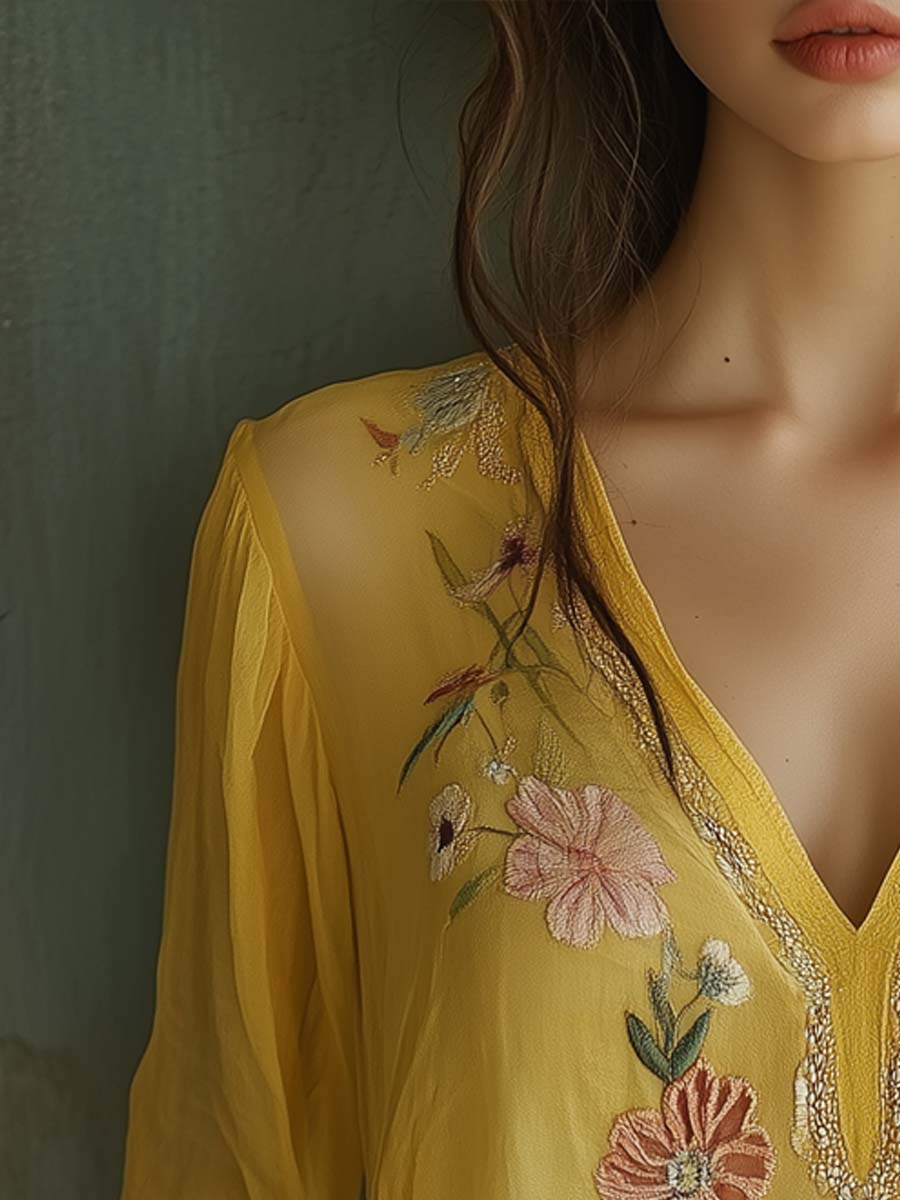 Chiffon Flower Embroidery Long Sleeve Blouse