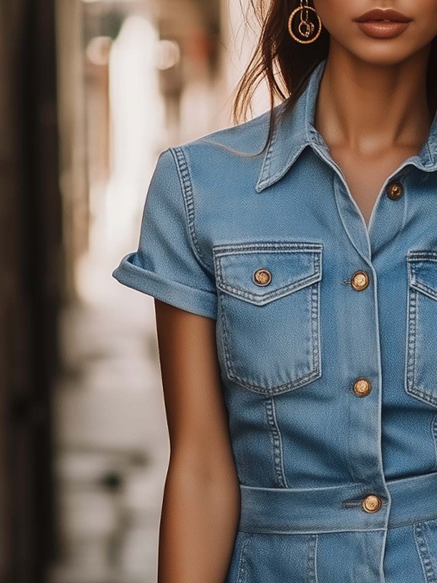 Vintage Button-Front Denim Shirt Dress