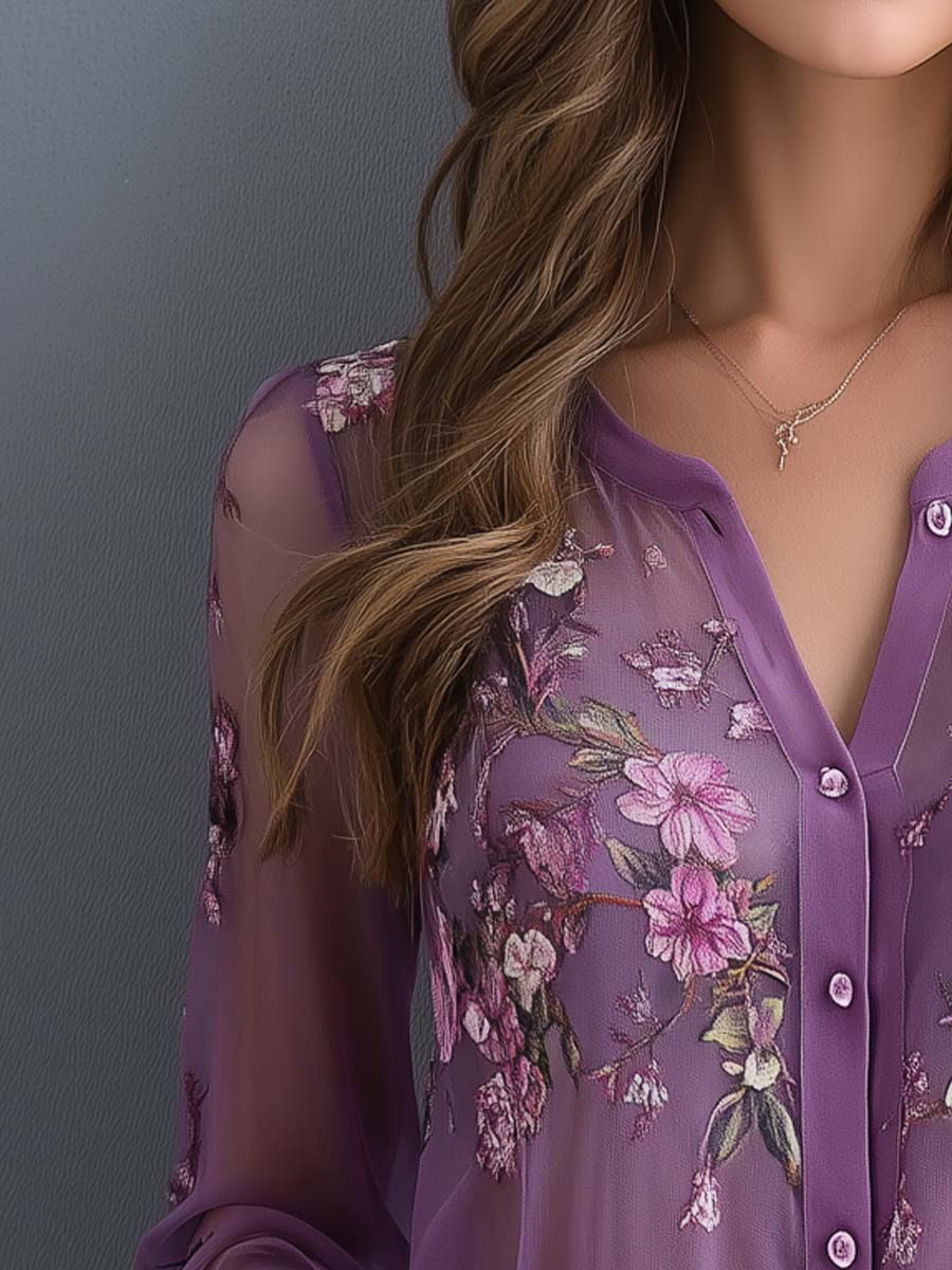 Printed Sheer Sleeves Chiffon Boho Blouse