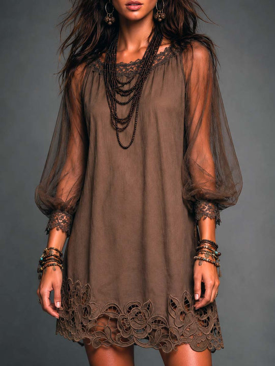 Boho Boat Neck Puff Mesh Sleeve Floral Cutwork Lace Hem Shift Mini Dress