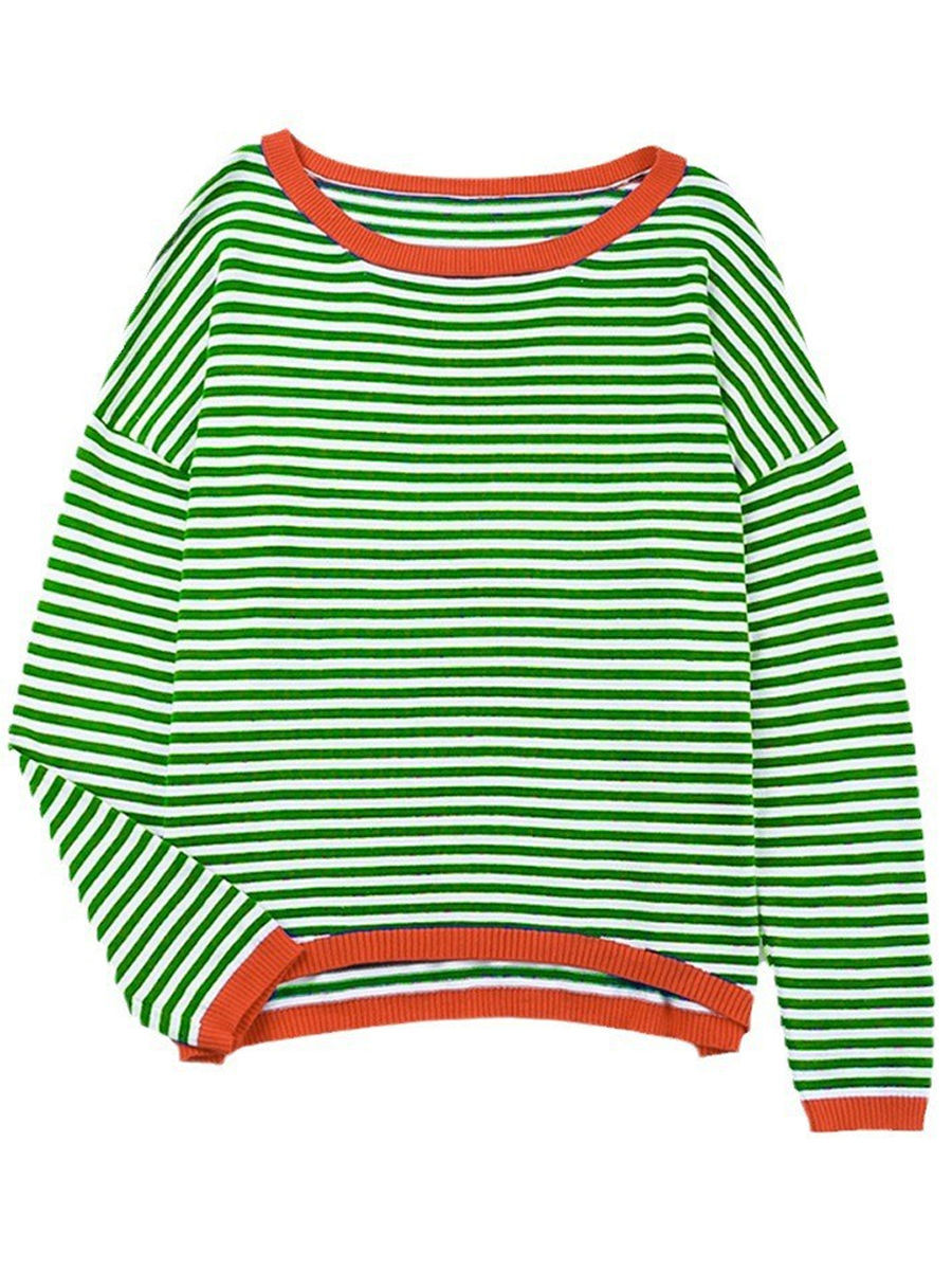 Striped Contrast Long-Sleeved Knitted Sweater