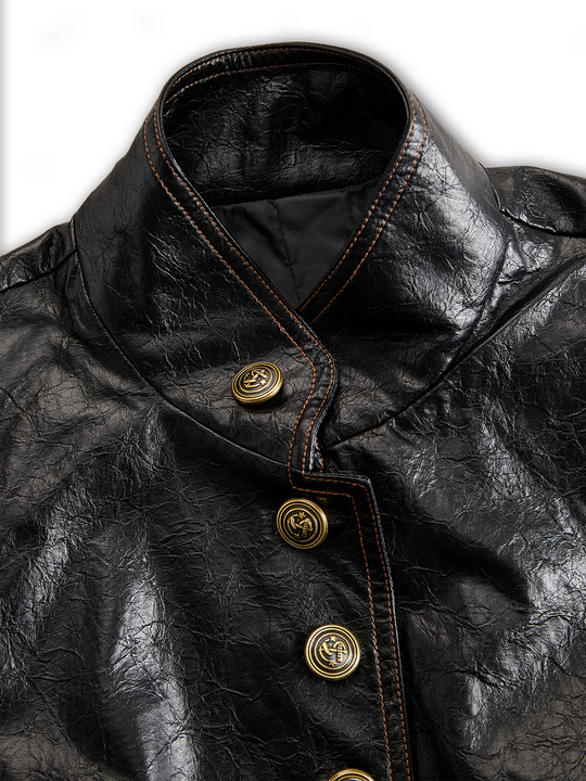 Retro Stand Collar Metal Button Pu Jacket