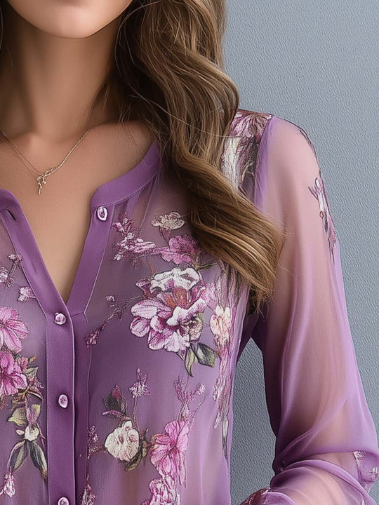 Printed Sheer Sleeves Chiffon Boho Blouse