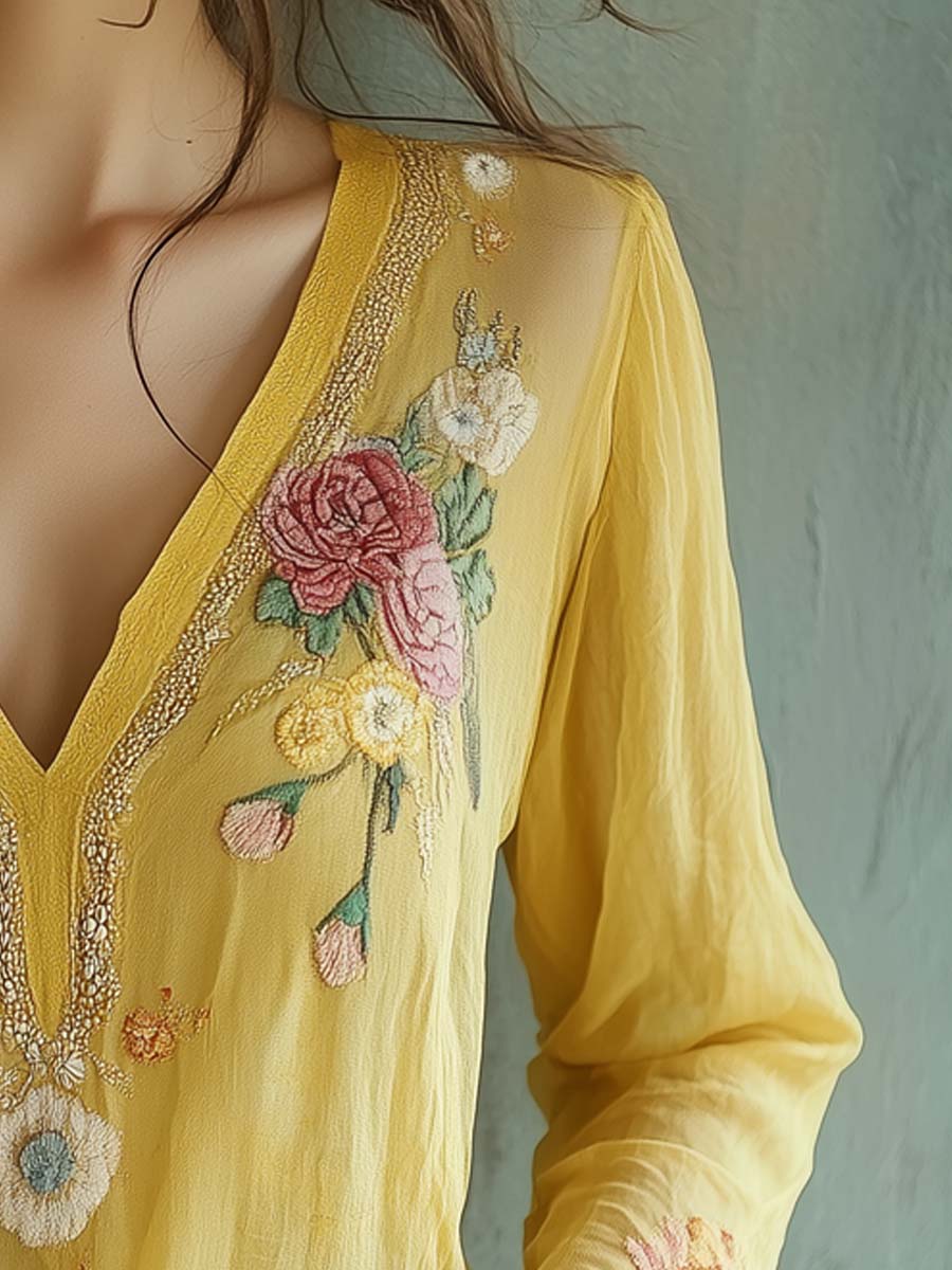 Chiffon Flower Embroidery Long Sleeve Blouse