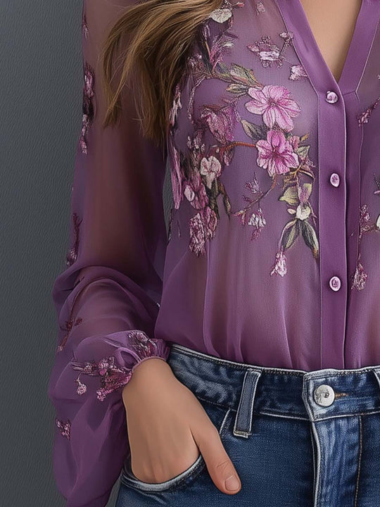 Printed Sheer Sleeves Chiffon Boho Blouse