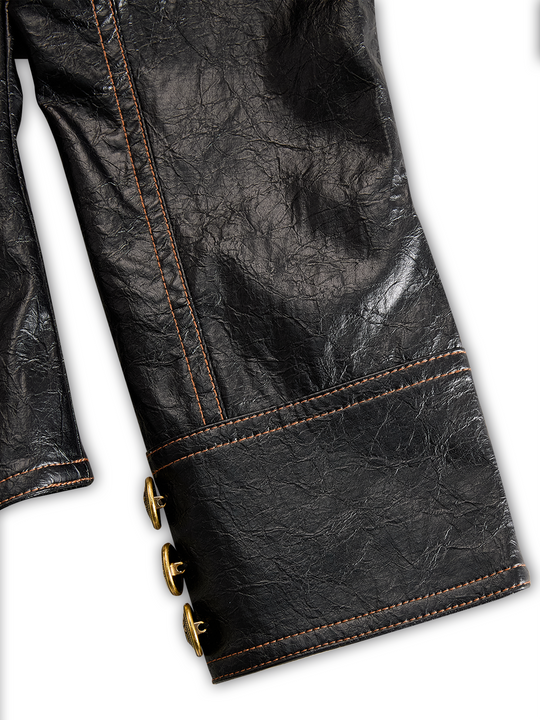 Retro Stand Collar Metal Button Pu Jacket