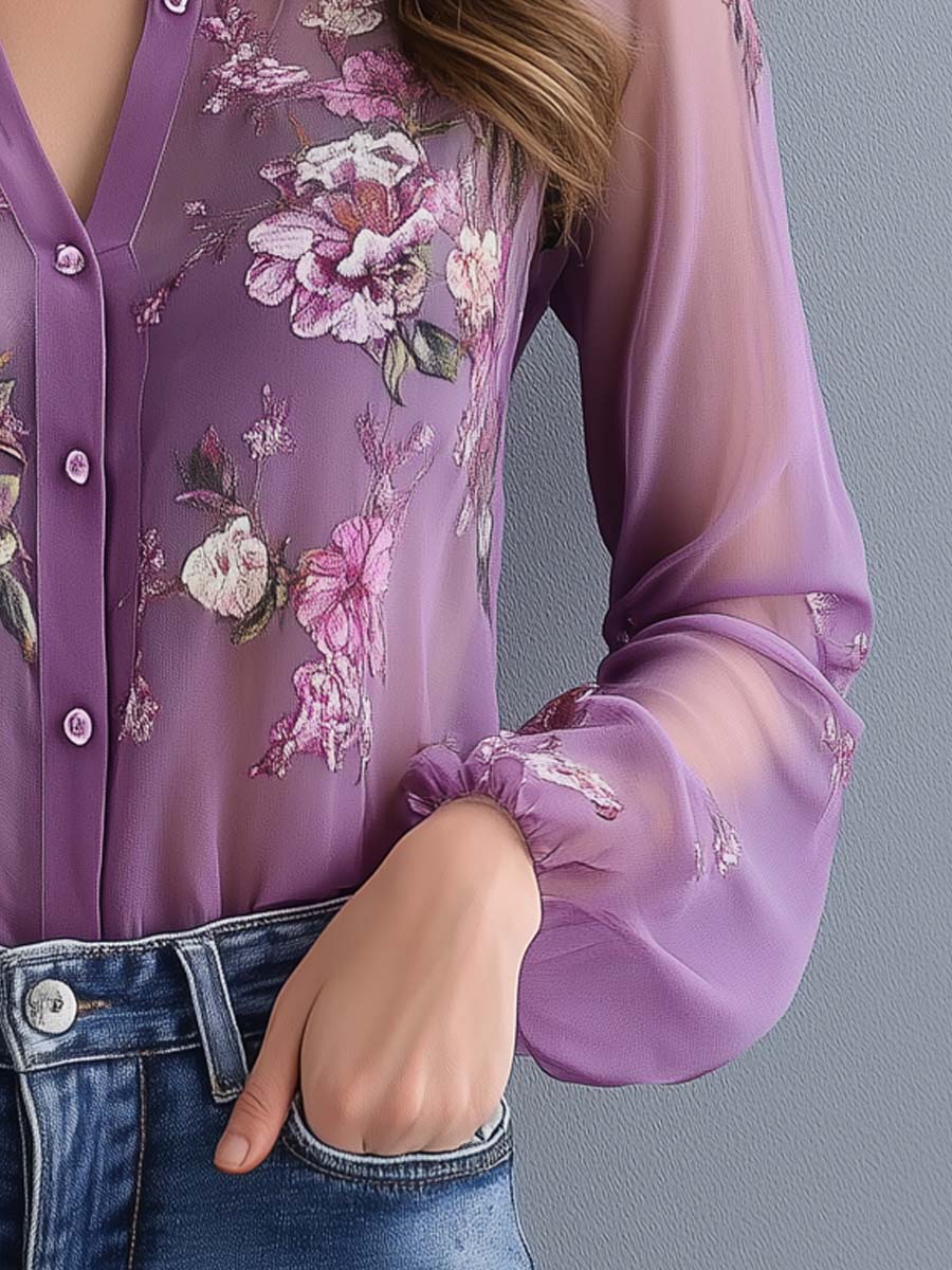 Printed Sheer Sleeves Chiffon Boho Blouse