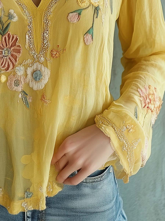 Chiffon Flower Embroidery Long Sleeve Blouse