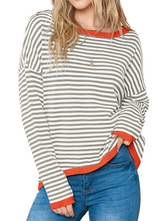 Striped Contrast Long-Sleeved Knitted Sweater