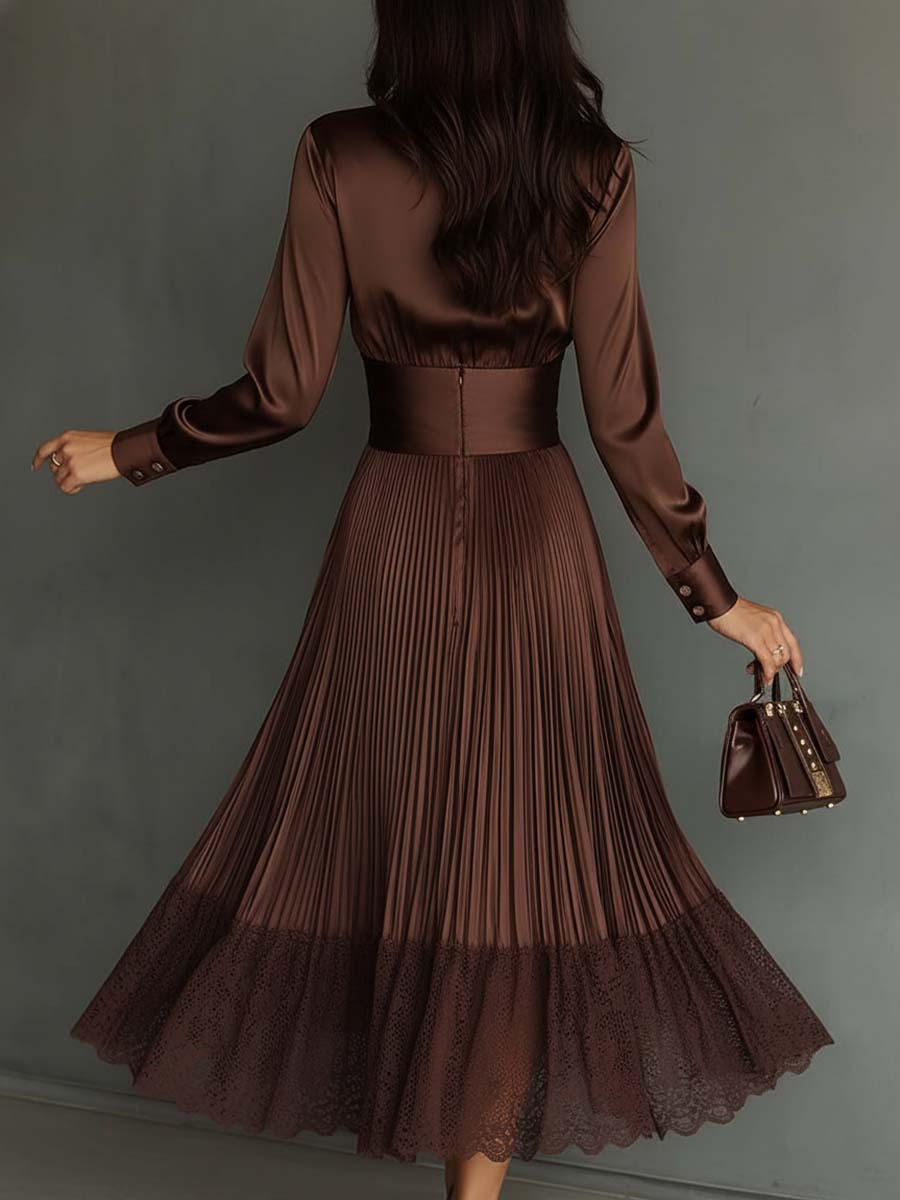 Vintage Peaked Lapel Pleated Polyester Satin Midi Dress