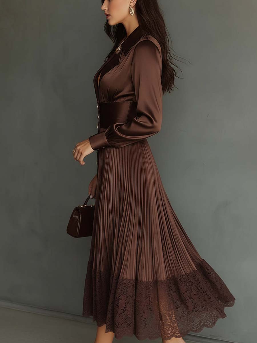 Vintage Peaked Lapel Pleated Polyester Satin Midi Dress